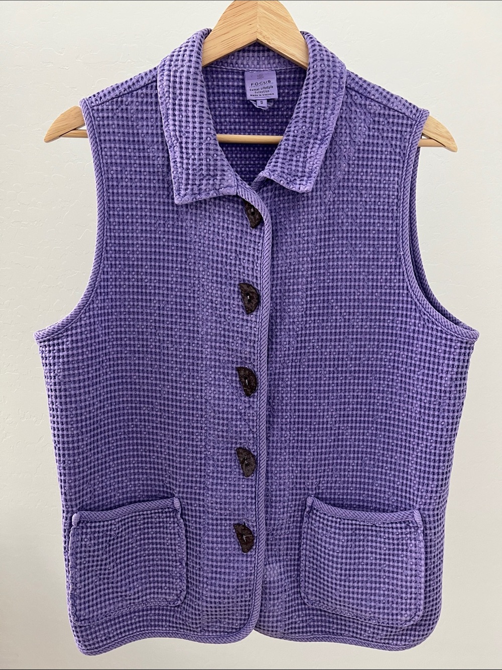 Focus Preshrunk Vintage Waffle Knit Sleeveless Button Vest Half Moon Buttons SM